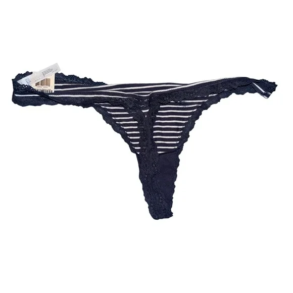 Jenni Intimates Thong Panty Nairobi Stripe Navy Blue White Lace Trim, XXL, NWT - Picture 3 of 7